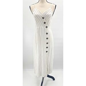 Cottage Medium Linen Stripe Midi Dress Wrap Bias Button Front Coastal Nautical